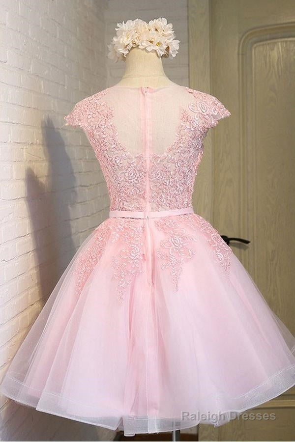 Pink Lace Short Tulle Homecoming Dresses Party Dresses With Cap Sleeves