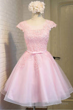 Pink Lace Short Tulle Homecoming Dress Prom Dress With Cap Sleeves