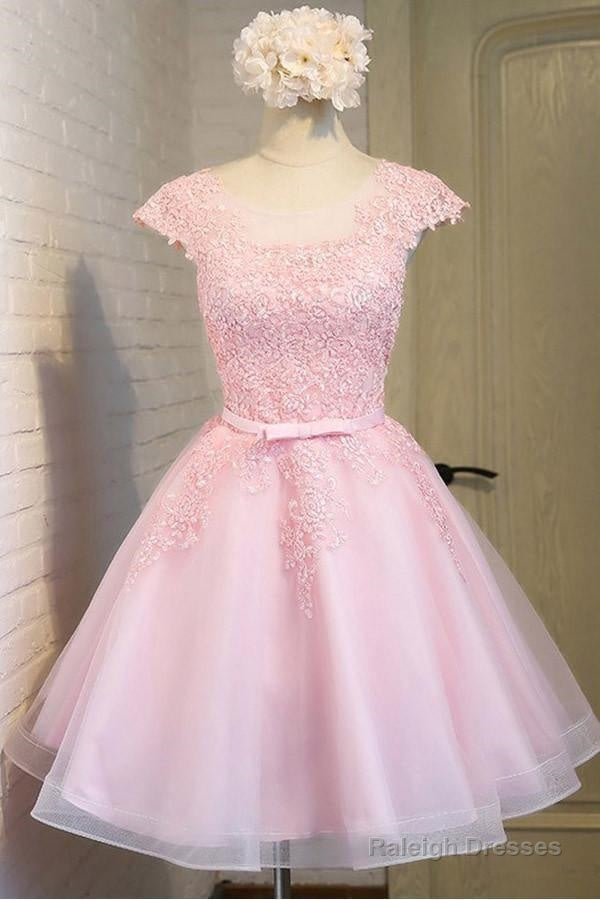 Pink Lace Short Tulle Homecoming Dress Prom Dress With Cap Sleeves