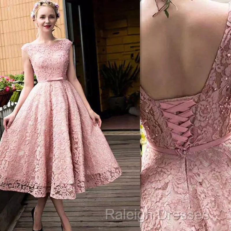 Pink Lace Tea Length Formal Dress, Beautiful Pink Prom Dresses, Lovely Party Dresses Secondary image
