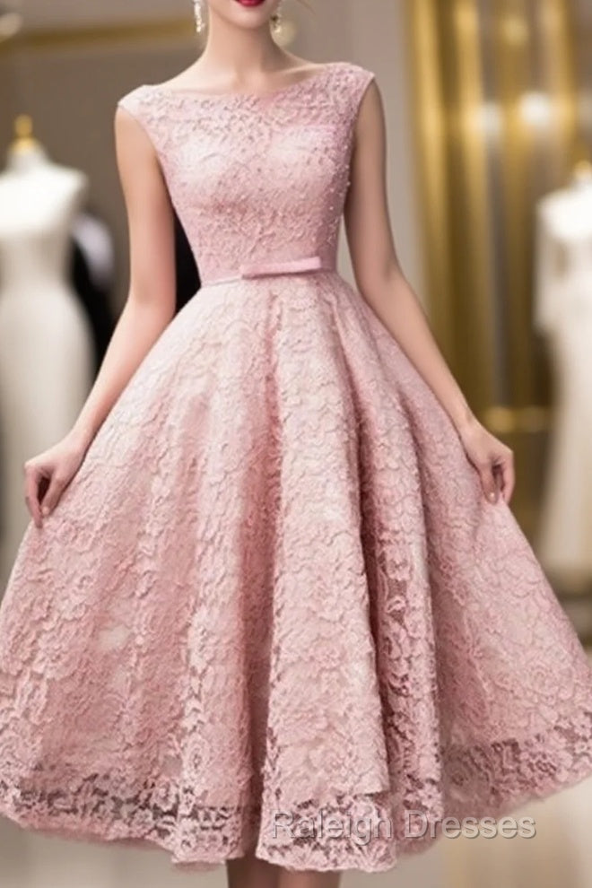 Pink Lace Tea Length Formal Dress, Beautiful Pink Prom Dresses, Lovely Party Dresses
