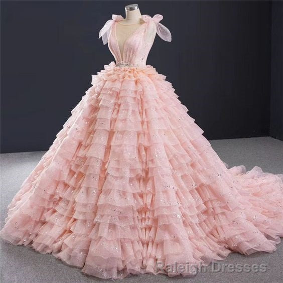 Pink Layered Ruffle Blush Pink Ball Gowns Quinceanera Dress With Cascading Ruffles