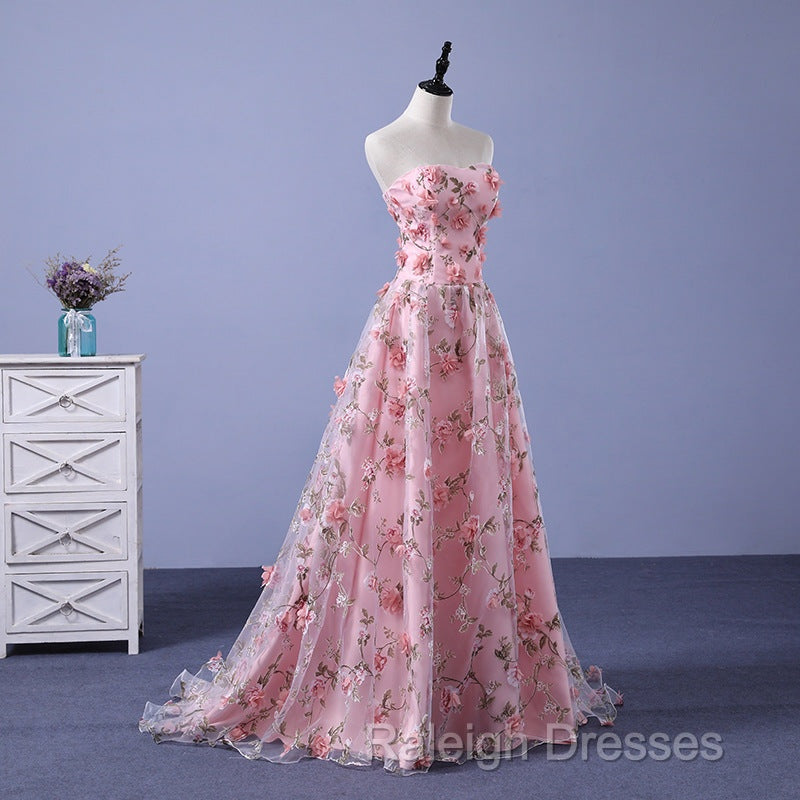 Pink Long A-Line Flowers Prom Dresses Pink Prom Dresseses
