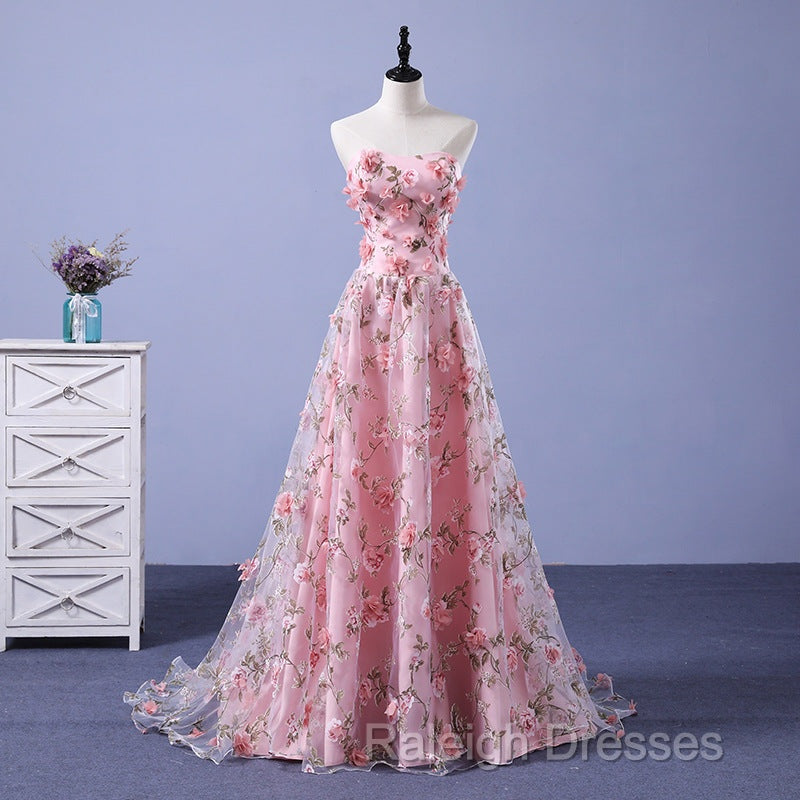 Pink Long A-Line Flowers Evening Dress, Pink Party Dress Prom Dress