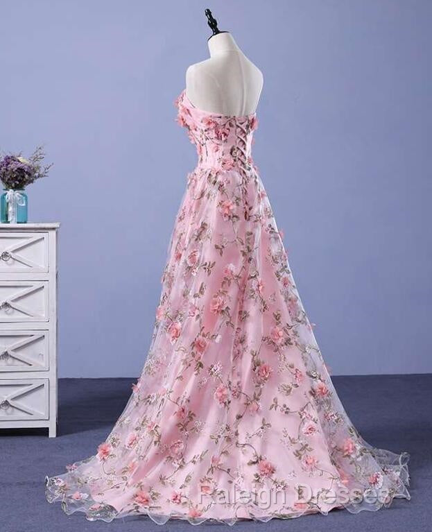 Pink Long A-Line Flowers Prom Dresses Pink Prom Dresseses