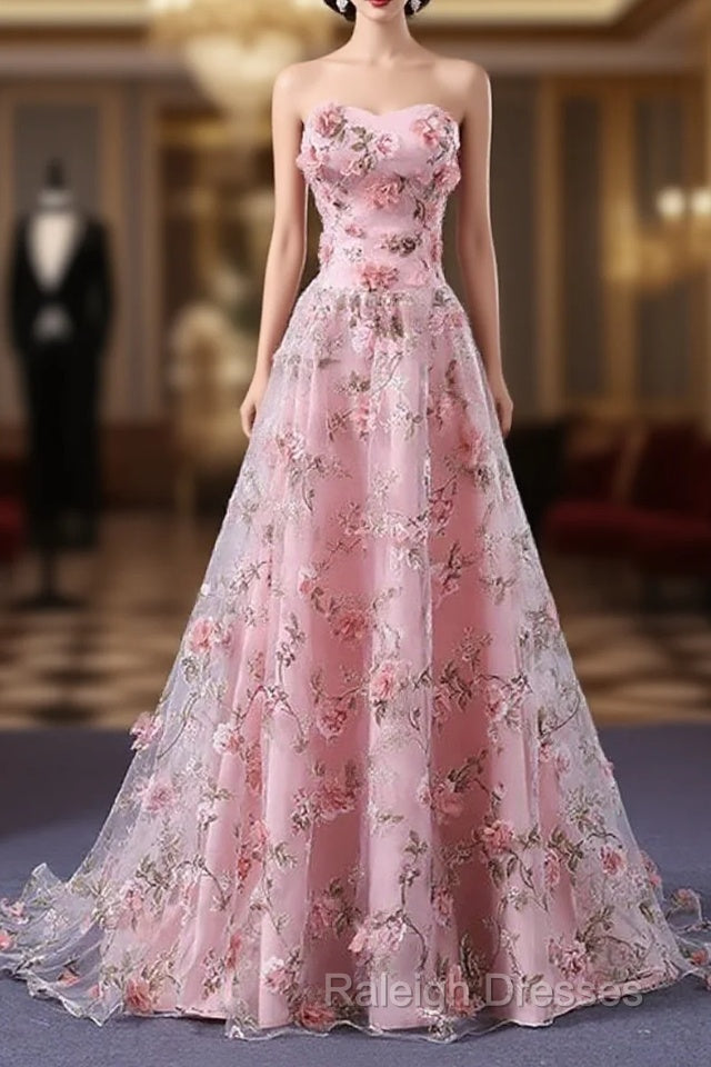 Pink Long A-Line Flowers Prom Dresses Pink Prom Dresseses