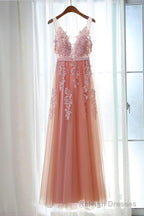 Pink Long New Prom Dress, Party Dress with Lace Applique