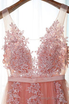 Pink Long New Prom Dress, Prom Dress with Lace Applique