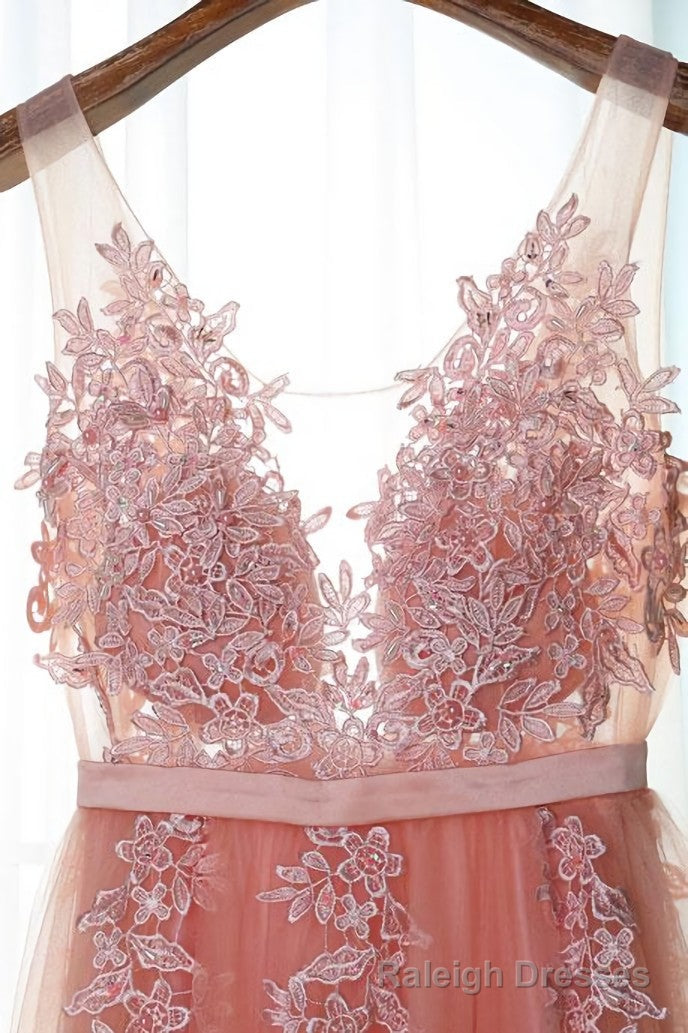 Pink Long New Prom Dress, Prom Dress with Lace Applique
