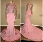 Pink Long-Sleeves Backless Beaded Mermaid Charming Prom Dresses