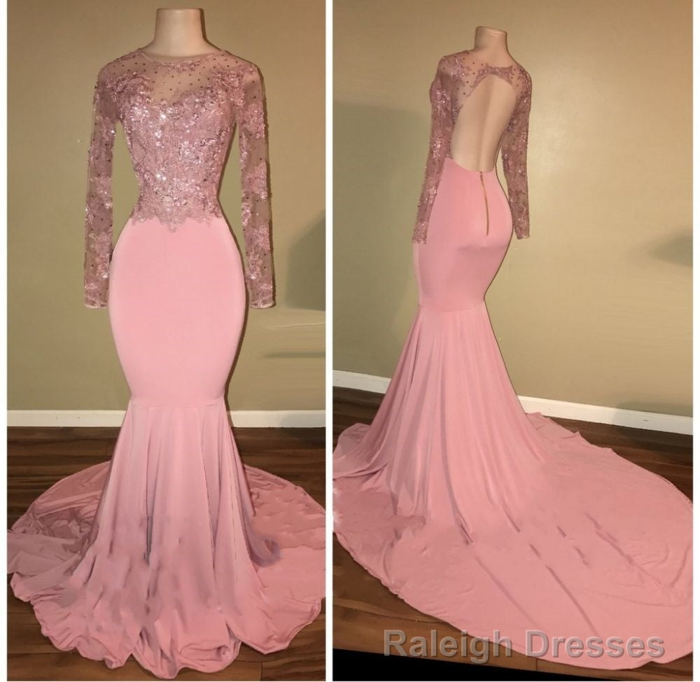 Pink Long-Sleeves Backless Beaded Mermaid Charming Prom Dresses