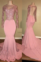 Pink Long-Sleeves Backless Beaded Mermaid Charming Prom Dresses