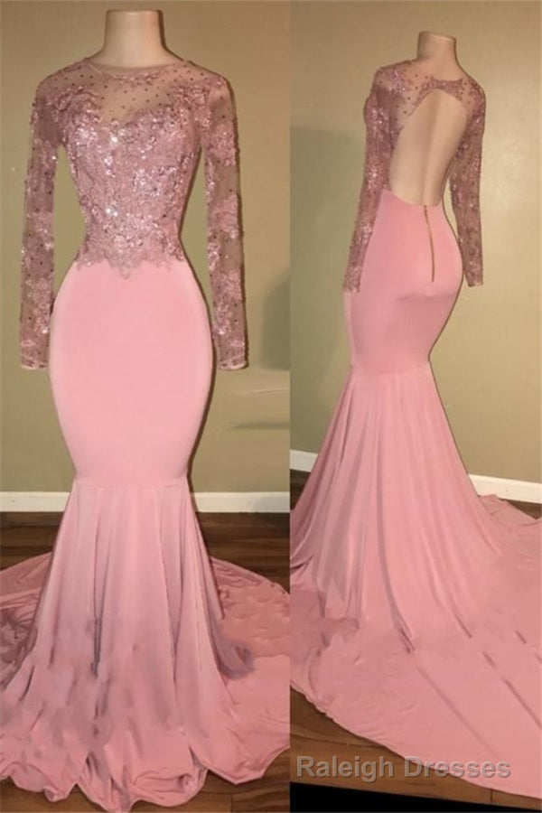 Pink Long-Sleeves Backless Beaded Mermaid Charming Prom Dresses