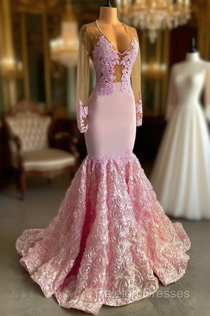 Pink Long Sleeves Lace Prom Dress Mermaid Tulle Prom Gown Main image