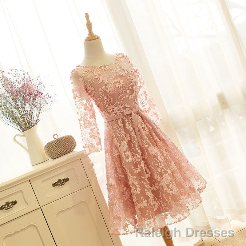 Pink Long Sleeves Lace Wedding Party Dress, Charming Party Dress Main image
