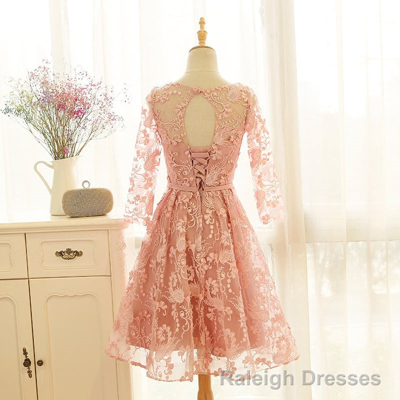 Pink Long Sleeves Lace Wedding Party Dress, Charming Party Dress