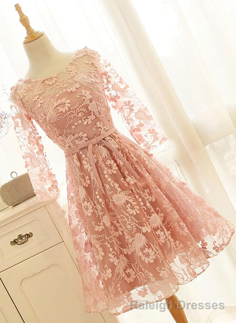Pink Long Sleeves Lace Wedding Prom Dress, Charming Prom Dress