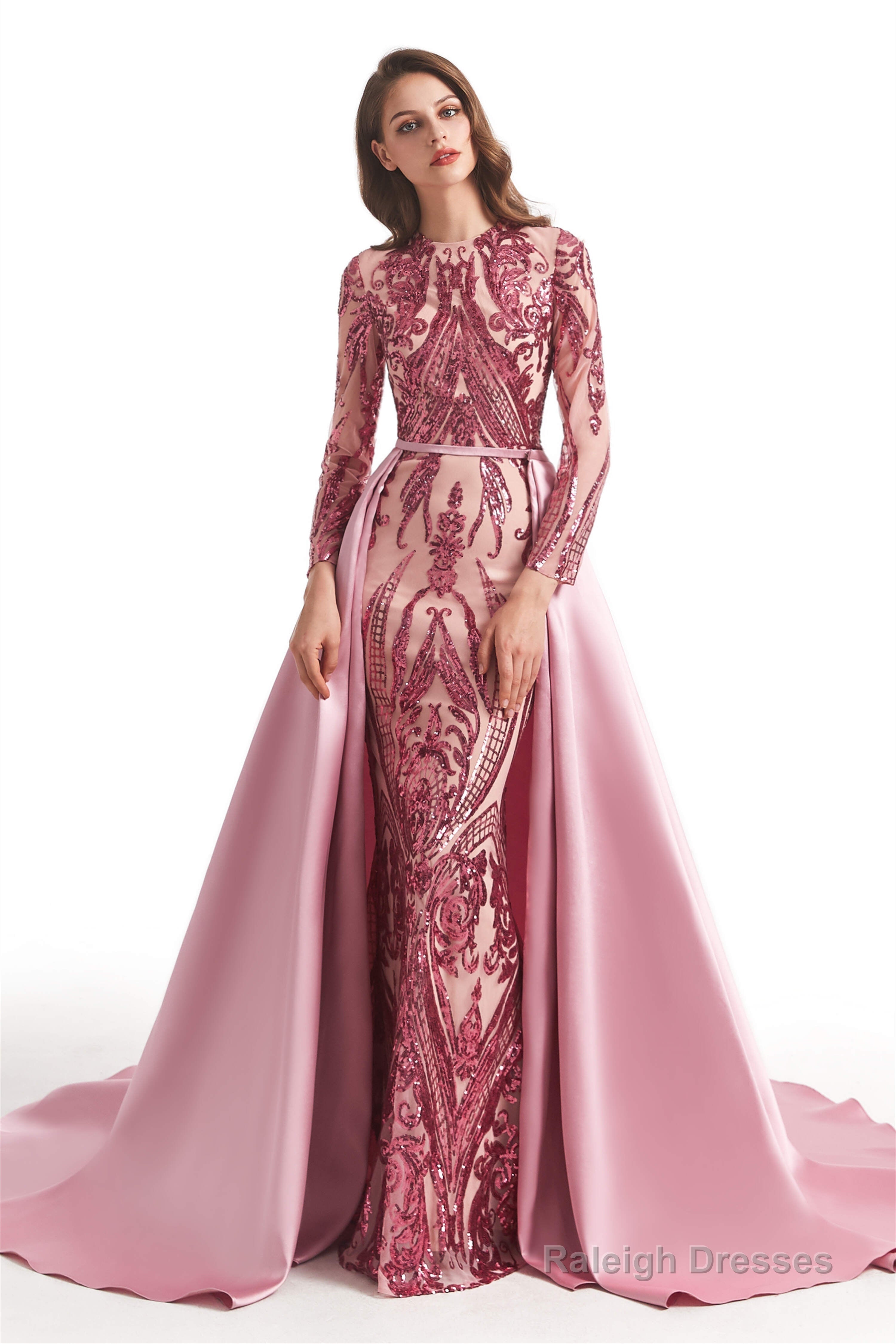 Long Sleeves Mermaid Detachable Train Prom Dresses with Train Sequined