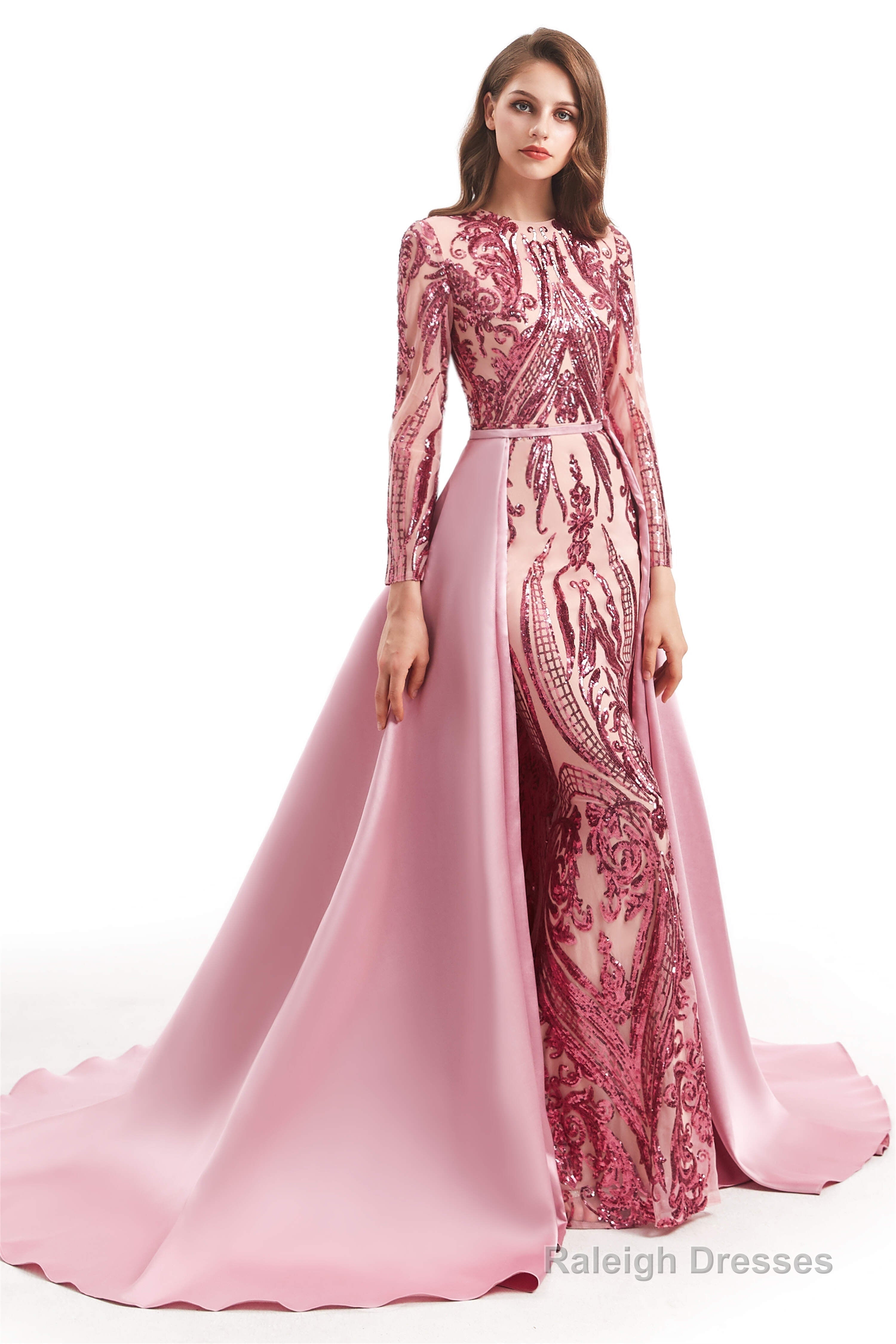 Long Sleeves Mermaid Detachable Train Prom Dresses with Train Sequined