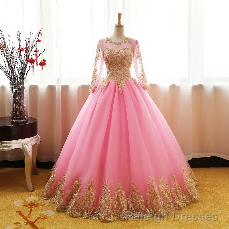 Pink Long Sleeves Tulle Round Neckline Sweet 16 Dresses, Pink Formal Gowns
