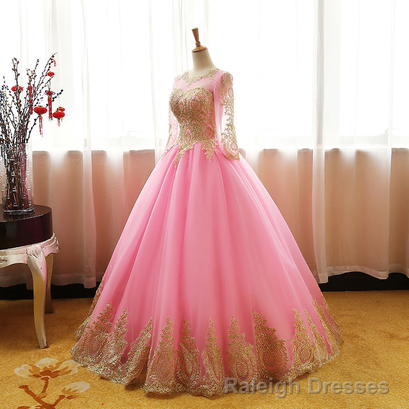 Pink Long Sleeves Tulle Round Neckline Sweet 16 Dresses, Pink Formal Gown