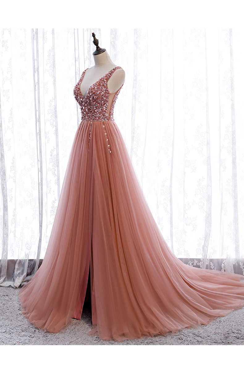 Pink Long Sparkle Beaded Tulle Slit Prom Dress,Pink V-Neckline Evening Gown