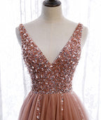 Pink Long Sparkle Beaded Tulle Slit Prom Dress,Pink V-Neckline Evening Gown