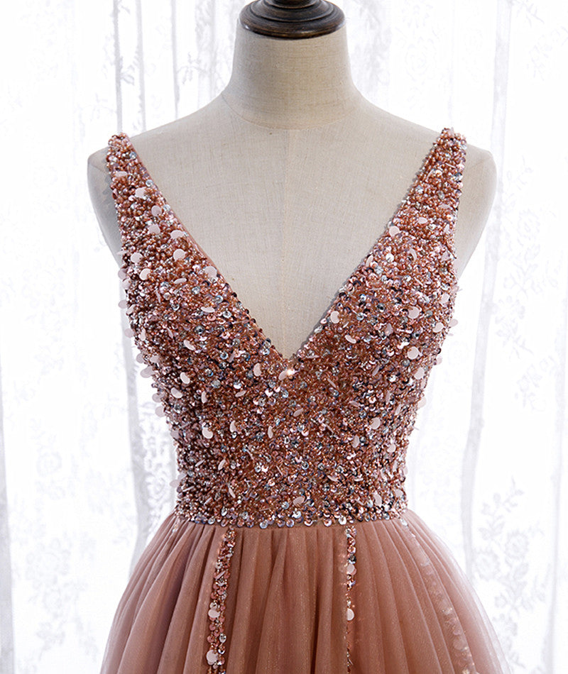 Pink Long Sparkle Beaded Tulle Slit Prom Dress,Pink V-Neckline Evening Gown