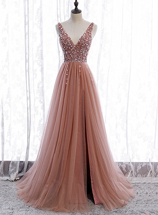 Pink Long Sparkle Beaded Tulle Slit Prom Dress,Pink V-Neckline Evening Gown Main image