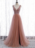 Pink Long Sparkle Beaded Tulle Slit Prom Dresses Pink V-Neckline Prom Gowns
