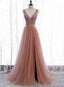 Pink Long Sparkle Beaded Tulle Slit Prom Dresses Pink V-Neckline Prom Gowns