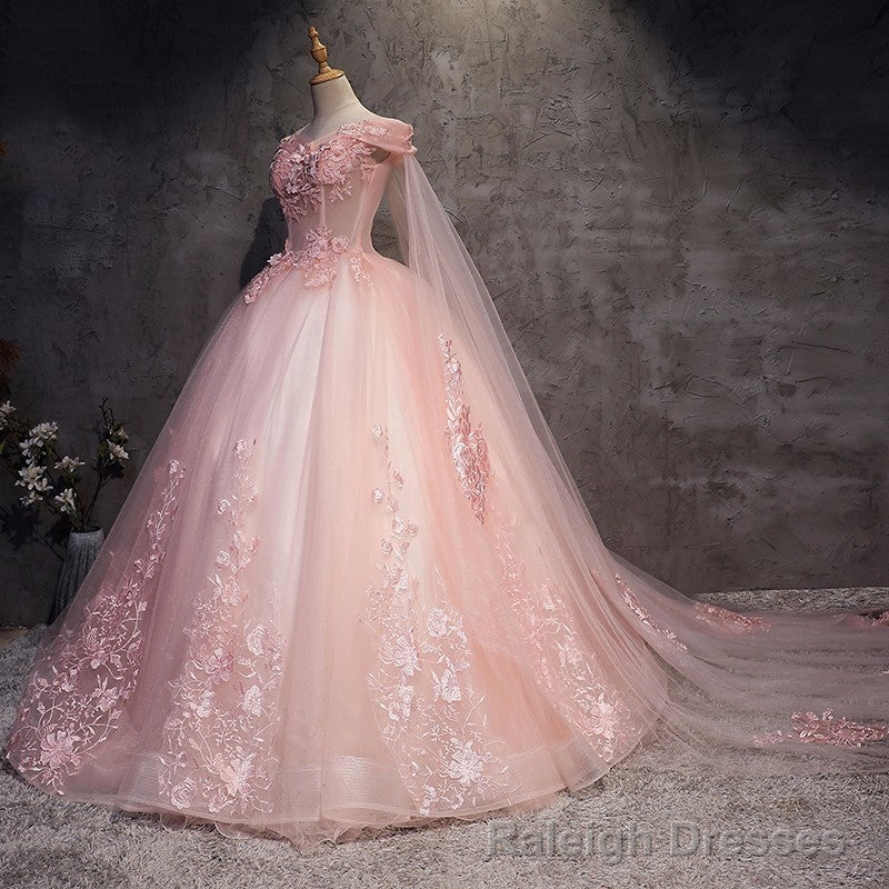 Pink Long Tulle with Lace Applique Ball Gowns Sweet 16 Dresses, Pink Formal Dresses