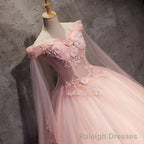 Pink Long Tulle with Lace Applique Ball Gowns Sweet 16 Dresses, Pink Formal Dresses