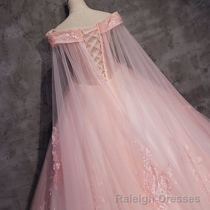 Pink Long Tulle with Lace Applique Ball Gown Sweet 16 Dresses, Pink Formal Dresses