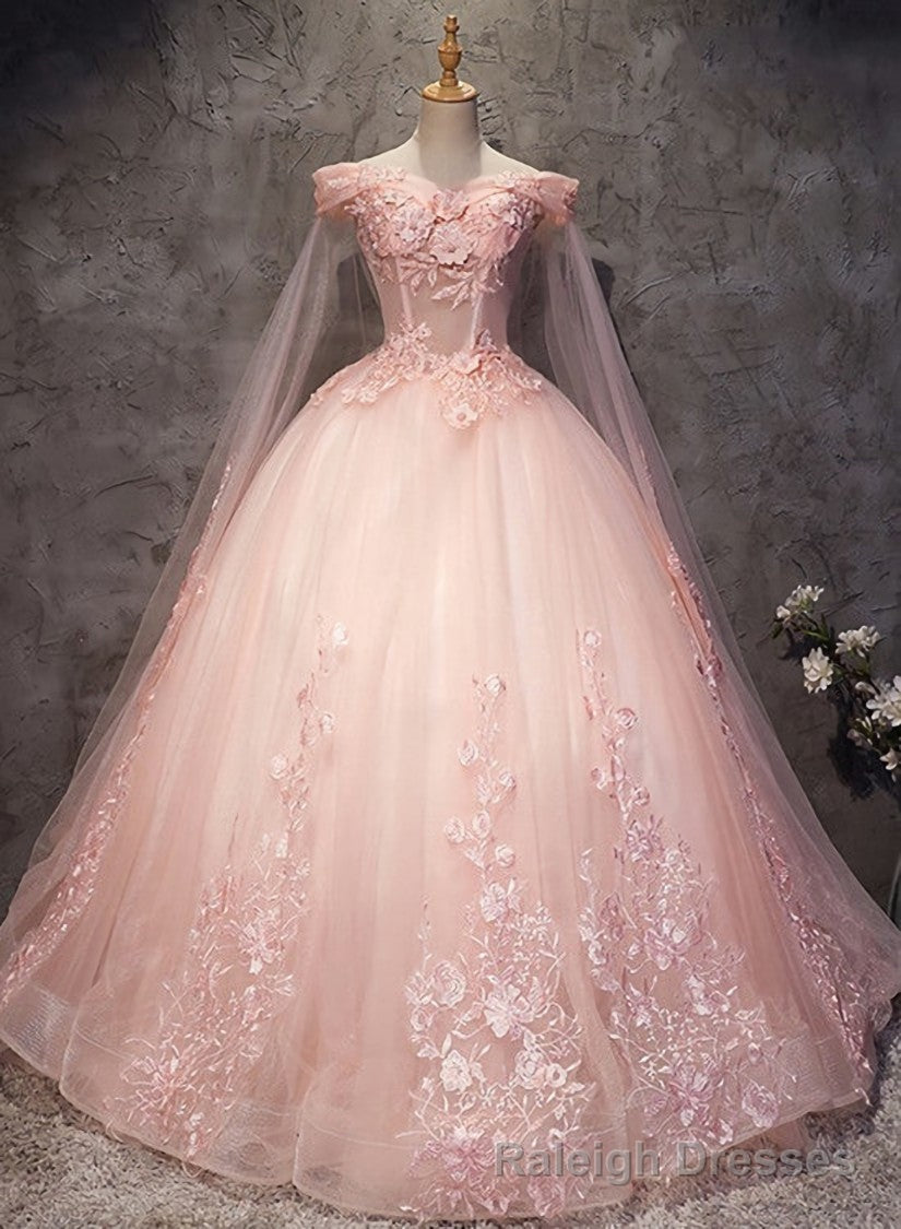 Pink Long Tulle with Lace Applique Ball Gown Sweet 16 Dresses, Pink Formal Dresses Secondary image