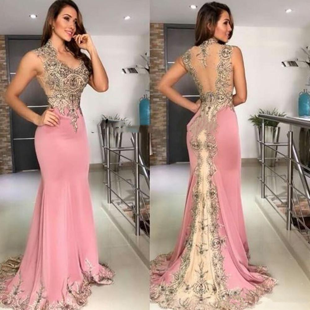 Pink Mermaid Applique Beaded Long Prom Dresses Secondary image