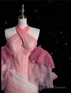 Pink Mermaid Halter Neck Tulle Long Prom Dress Sweet 16 Dress