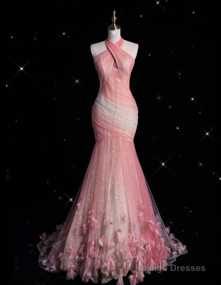 Pink Mermaid Halter Neck Tulle Prom Dresses Long Sweet 16 Dresses
