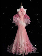 Pink Mermaid Halter Neck Tulle Long Prom Dress Sweet 16 Dress