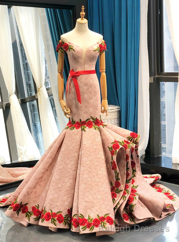 Pink Mermaid Lace Red Appliques Off The Shoulder Prom Dress With Sash Main image