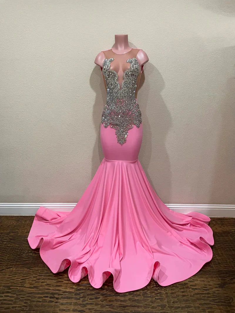 Pink Gorgeous Exquisite Beaded Elegant Stunning Mermaid Long Satin Floor Length Train Prom Dress Evening Gown Party Dress