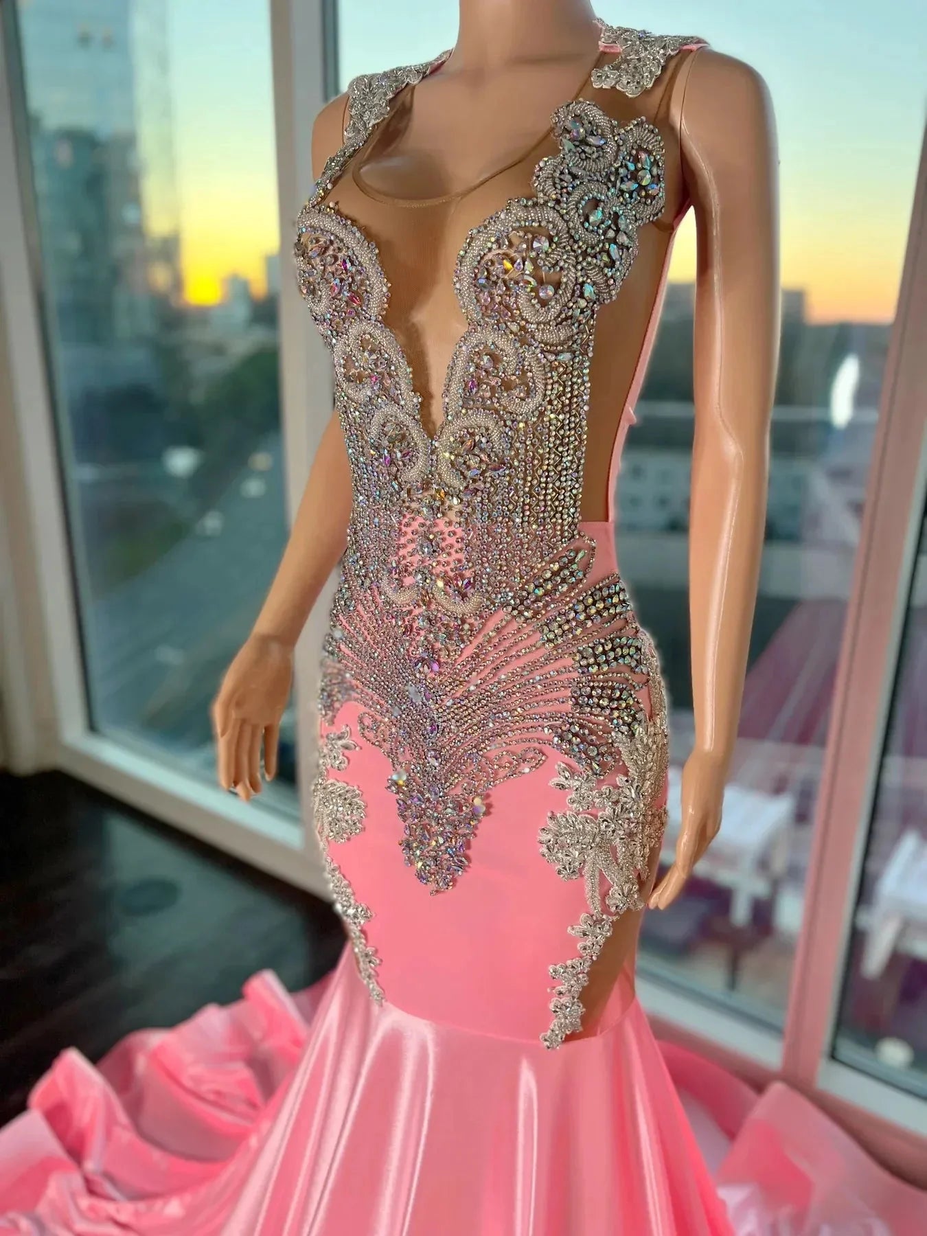 Pink Gorgeous Exquisite Beaded Elegant Stunning Mermaid Long Satin Floor Length Train Prom Dress Evening Gown Party Dress Secondary image
