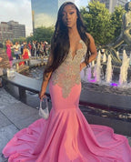 Pink Gorgeous Exquisite Beaded Elegant Stunning Mermaid Long Satin Floor Length Train Prom Dress Evening Gown Party Dress