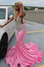 Pink Gorgeous Exquisite Beaded Elegant Stunning Mermaid Long Satin Floor Length Train Prom Dress Evening Gown Party Dress