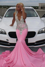 Pink Gorgeous Exquisite Beaded Elegant Stunning Mermaid Long Satin Floor Length Train Prom Dress Evening Gown Party Dress