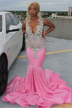 Pink Gorgeous Exquisite Beaded Elegant Stunning Mermaid Long Satin Floor Length Train Prom Dress Evening Gown Party Dress