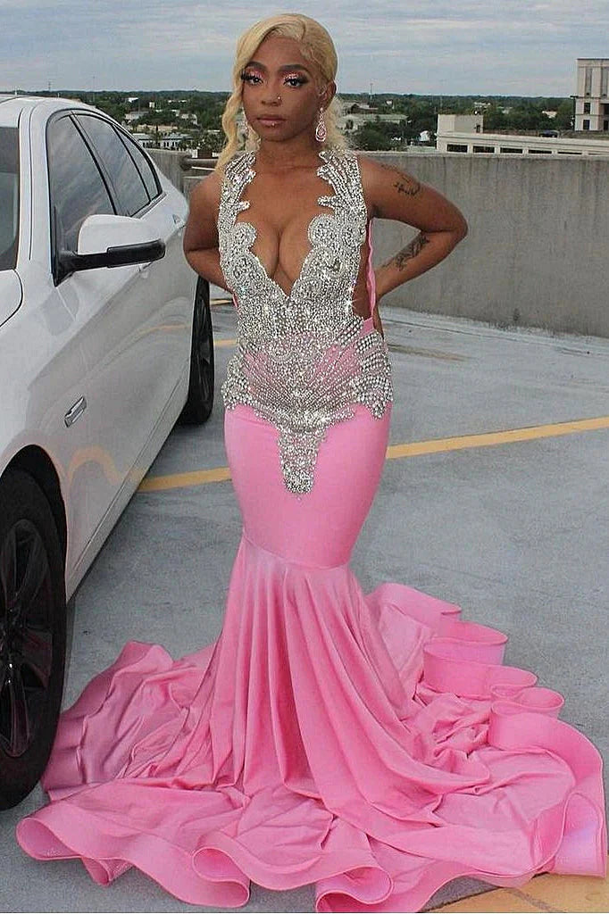 Pink Gorgeous Exquisite Beaded Elegant Stunning Mermaid Long Satin Floor Length Train Prom Dress Evening Gown Party Dress