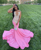 Pink Gorgeous Exquisite Beaded Elegant Stunning Mermaid Long Satin Floor Length Train Prom Dresses Prom Gowns Prom Dresses