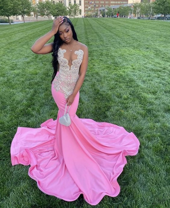 Pink Gorgeous Exquisite Beaded Elegant Stunning Mermaid Long Satin Floor Length Train Prom Dresses Prom Gowns Prom Dresses