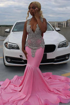 Pink Gorgeous Exquisite Beaded Elegant Stunning Mermaid Long Satin Floor Length Train Prom Dress Evening Gown Party Dress